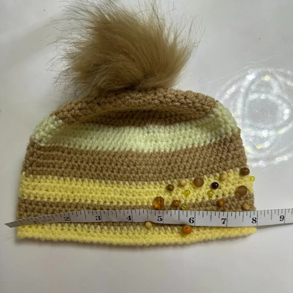 Handmade Crochet Beanie Hat With Pom Pom And Amber Bead Embellishments